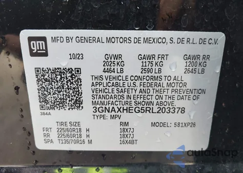 2024 Chevrolet Equinox Fwd Ls из США, поврежденный, VIN 3GNAXHEG5RL203378